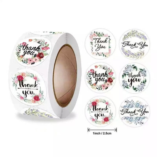 White Seal Label Stickers Roll Purple & Red Flower 'Thank You' - TEM IMPORTS™