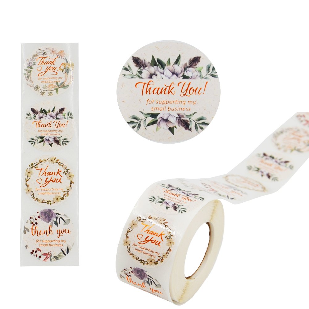 White Seal Label Stickers Roll Ring Of Flowers 'Thank You' - TEM IMPORTS™
