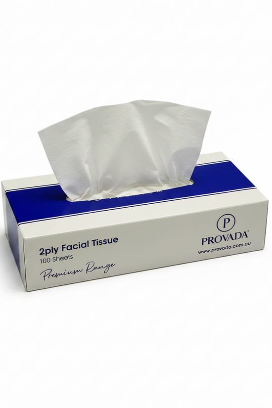 A box of Provada Premium 2-ply facial tissues, showing the white packaging with a prominent blue band and black text, set against a plain white background.
