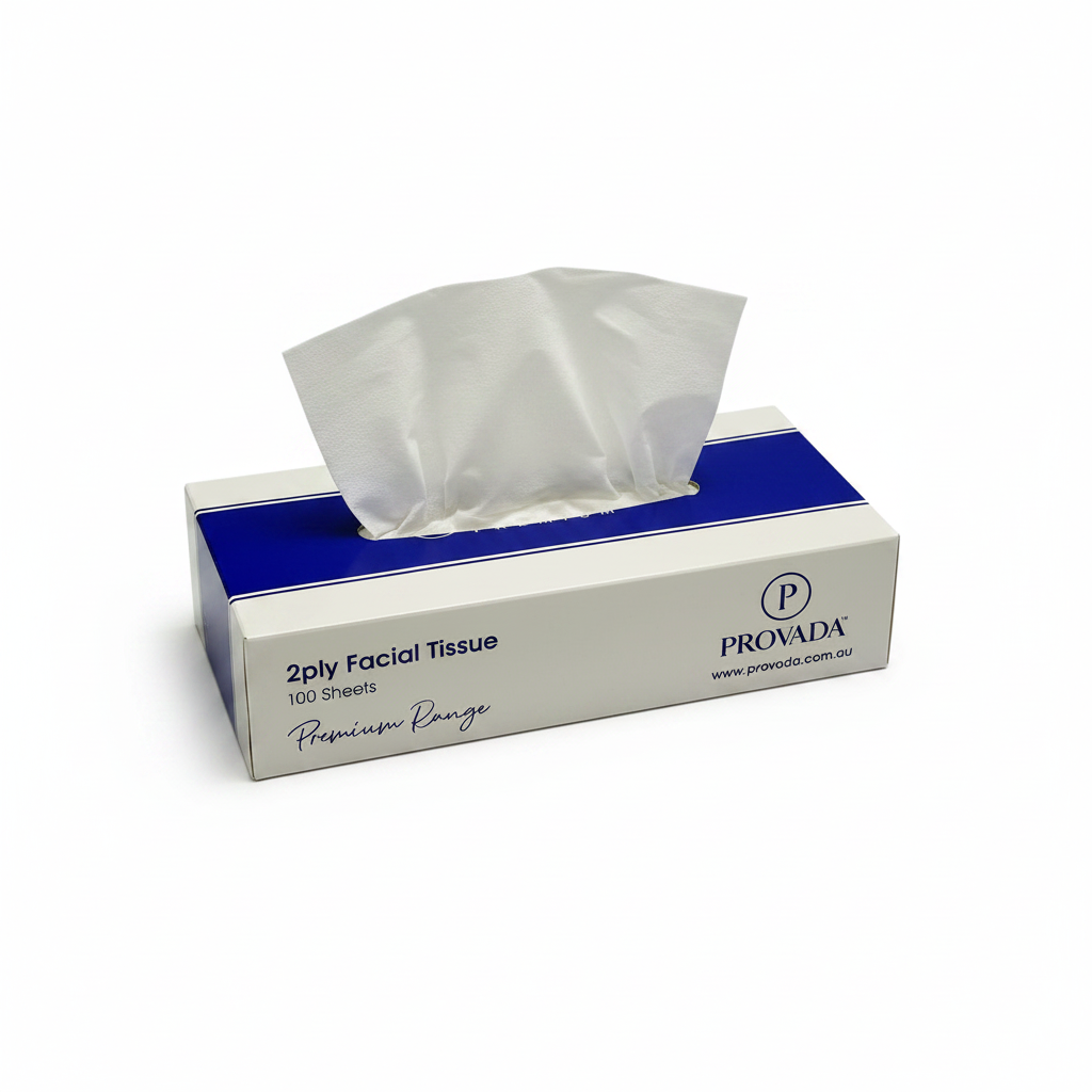 A box of Provada Premium 2-ply facial tissues, showing the white packaging with a prominent blue band and black text, set against a plain white background.