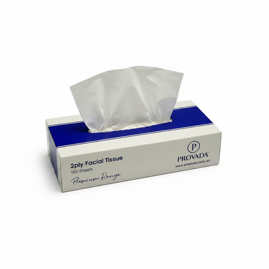 A box of Provada Premium 2-ply facial tissues, showing the white packaging with a prominent blue band and black text, set against a plain white background.