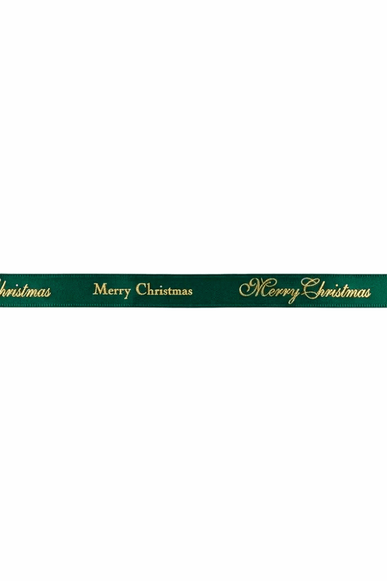 10mm 'Merry Christmas' Printed Green Satin Ribbon Woven Edge - TEM IMPORTS™