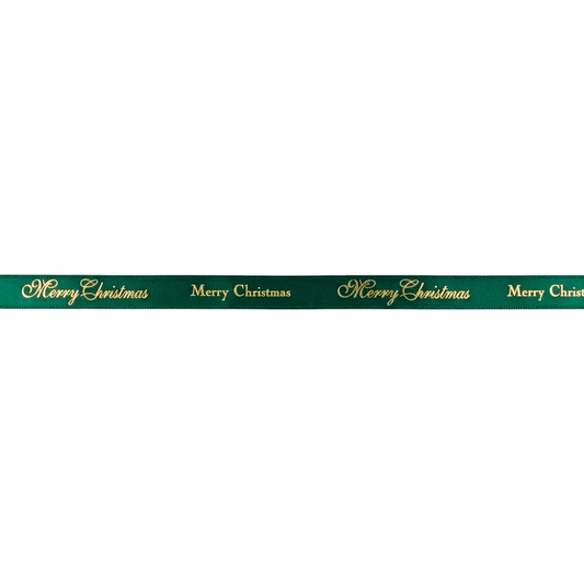 10mm 'Merry Christmas' Printed Green Satin Ribbon Woven Edge - TEM IMPORTS™