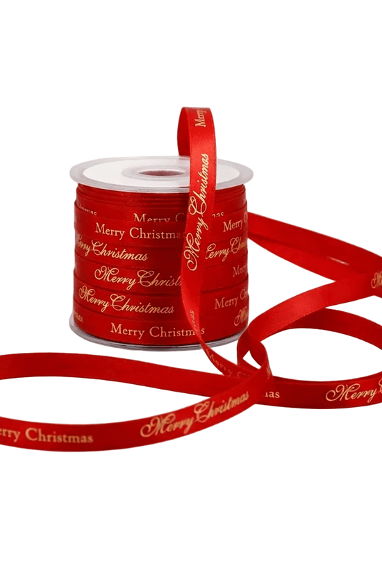 10mm 'Merry Christmas' Printed Red Satin Ribbon Woven Edge - TEM IMPORTS™