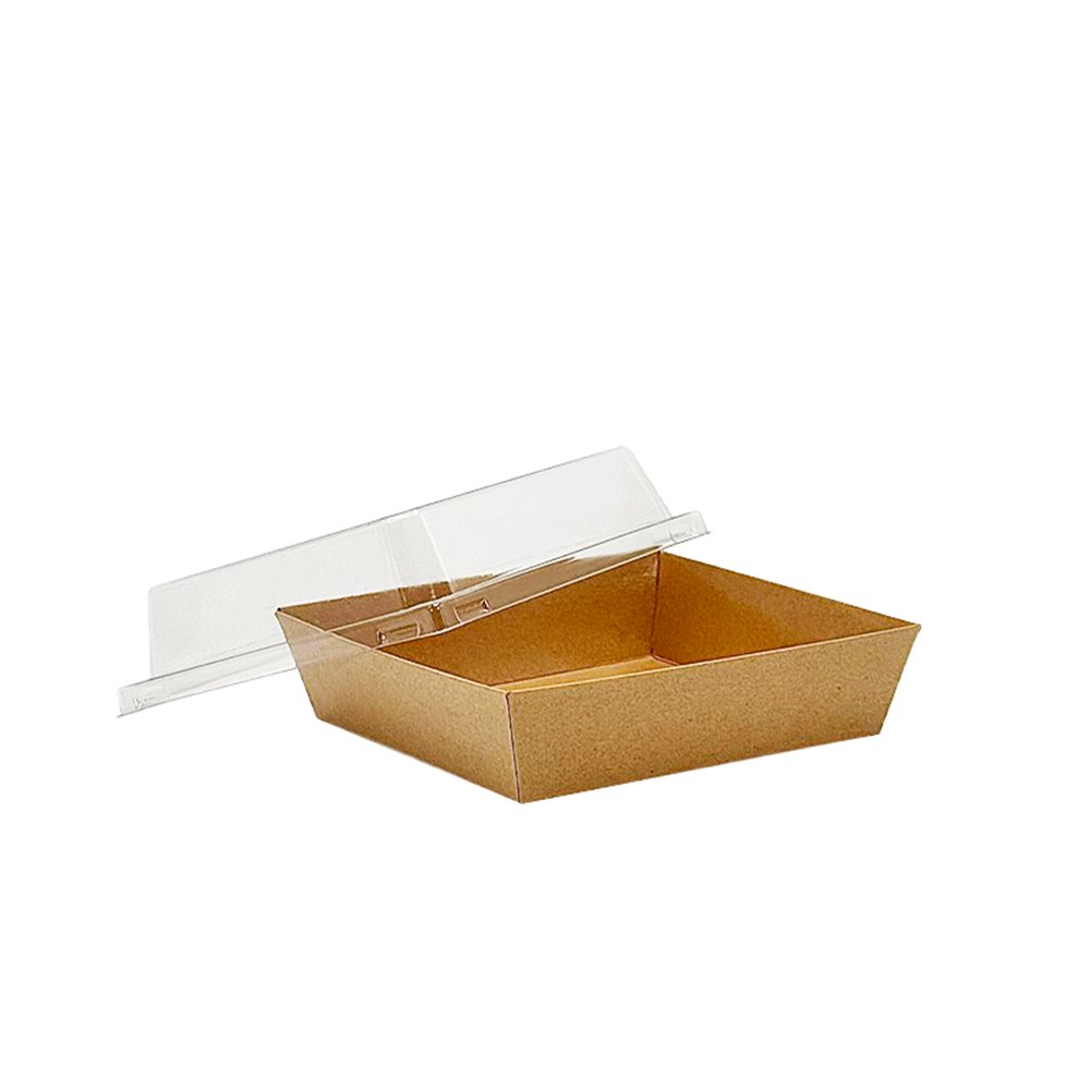 14x12cm Square Kraft Paper Tray With Clear Lid - TEM IMPORTS™