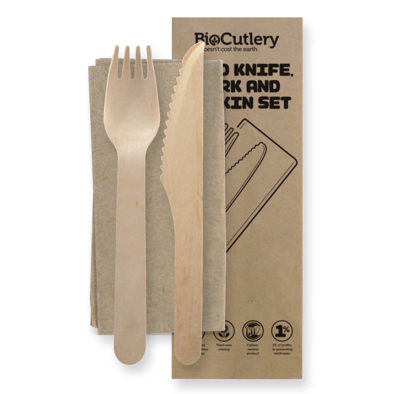 16cm Coated Wood Knife, Fork & Napkin Set - 400pcs/Ctn - TEM IMPORTS™