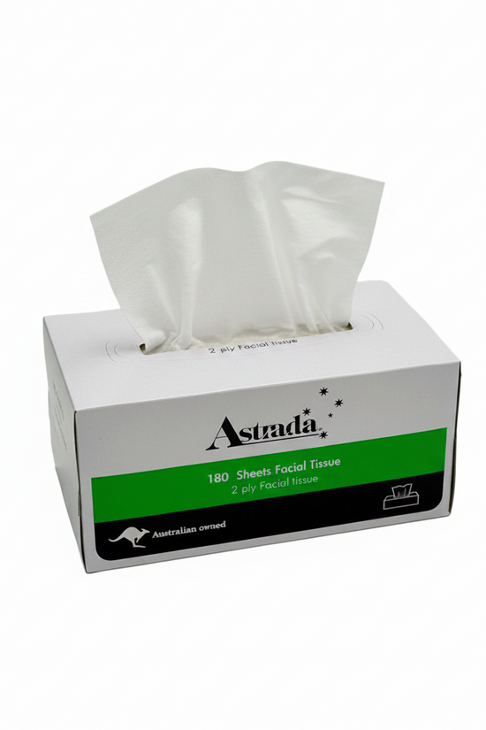 A white box of Astrada 180 Sheets Facial Tissue on a plain white background.