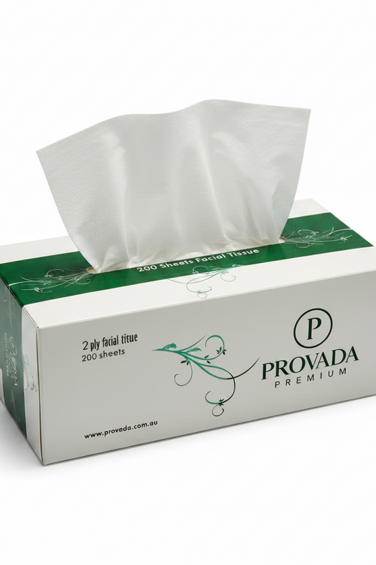 A box of Provada Premium facial tissues, 200 sheets, shown at a three-quarter angle on a plain white background.
