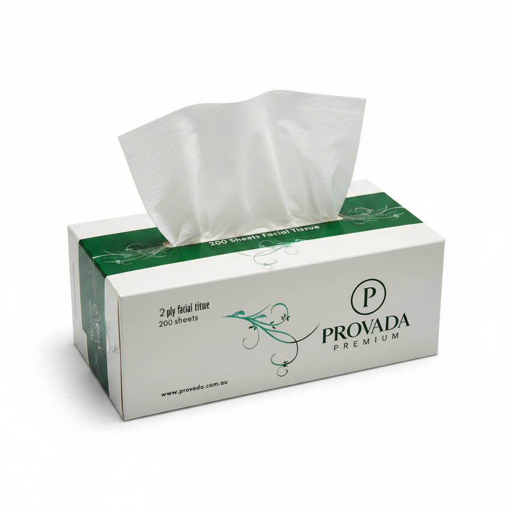 A box of Provada Premium facial tissues, 200 sheets, shown at a three-quarter angle on a plain white background.