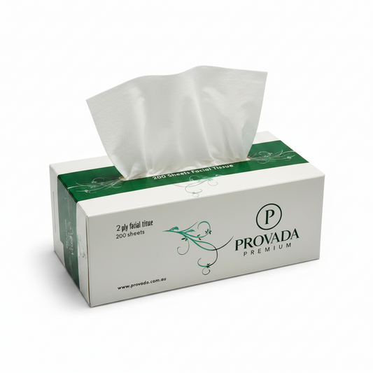 A box of Provada Premium facial tissues, 200 sheets, shown at a three-quarter angle on a plain white background.