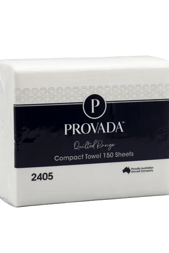 A pack of Provada Compact Towel 150 Sheets, featuring a white paperboard box with a prominent black label and white branding.