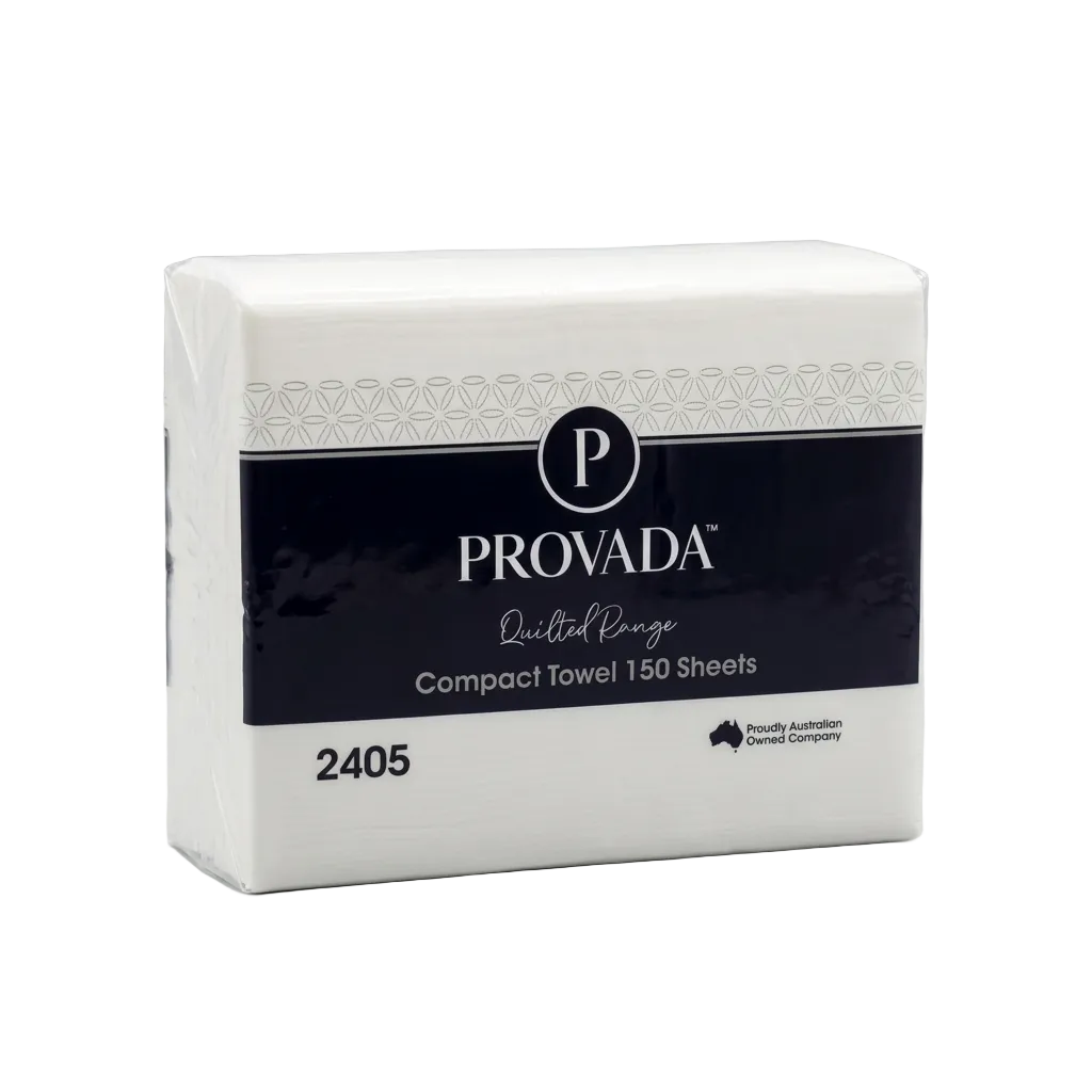 A pack of Provada Compact Towel 150 Sheets, featuring a white paperboard box with a prominent black label and white branding.