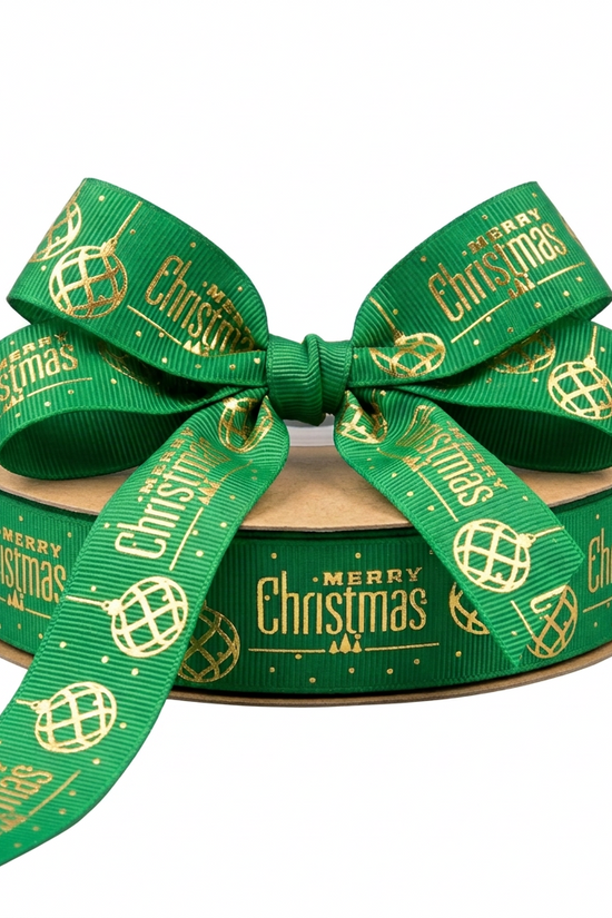 Ruy băng grosgrain màu xanh in chữ 'Merry Christmas With Globes' 25mm
