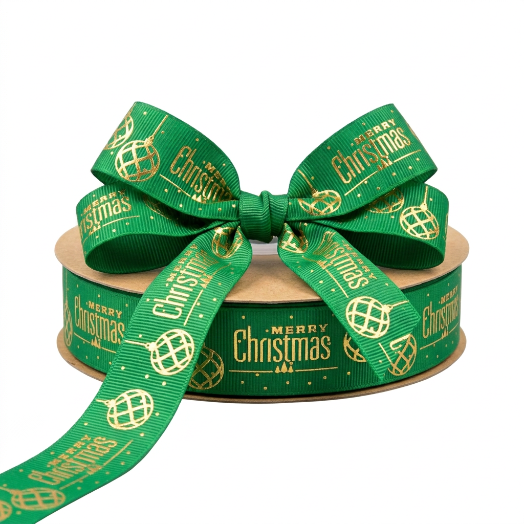 Ruy băng grosgrain màu xanh in chữ 'Merry Christmas With Globes' 25mm