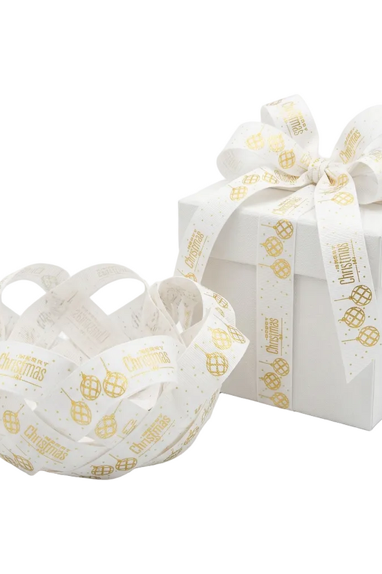 25mm White Grosgrain Christmas Ribbon – Merry Christmas with Globes Print