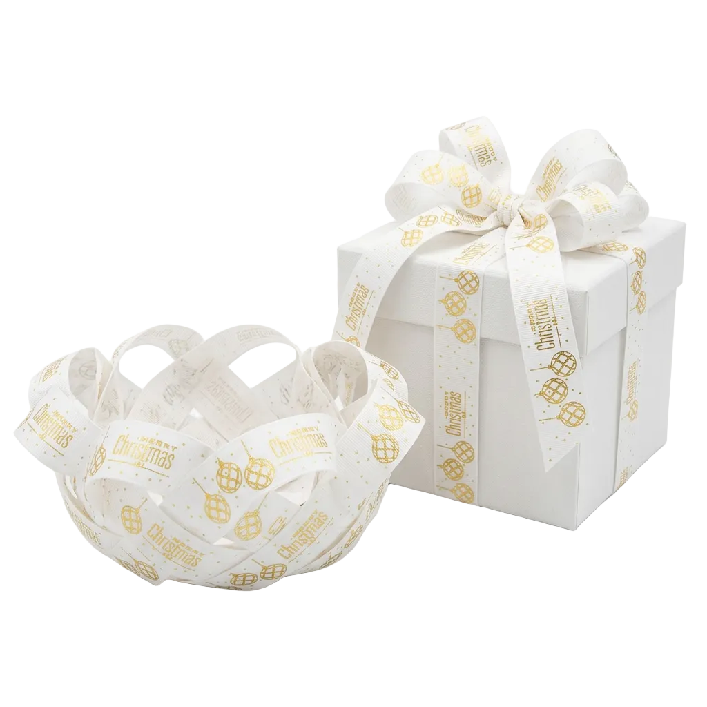 25mm White Grosgrain Christmas Ribbon – Merry Christmas with Globes Print