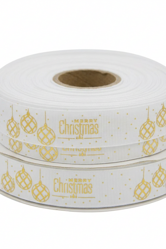 25mm White Grosgrain Christmas Ribbon – Merry Christmas with Globes Print