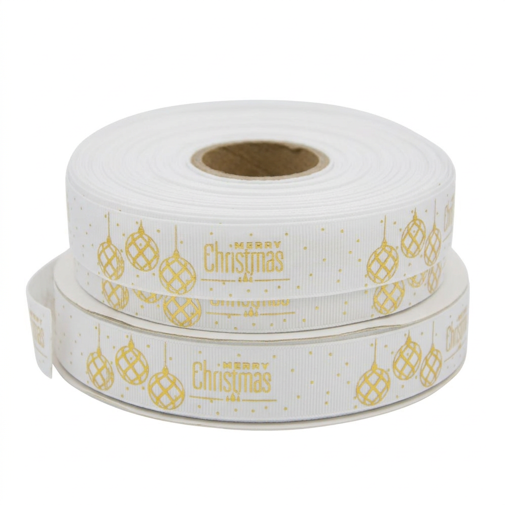 25mm White Grosgrain Christmas Ribbon – Merry Christmas with Globes Print