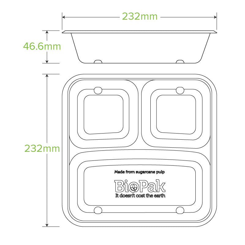 3-Compartment Large Natural Plant Fibre Takeaway Base - 300pcs/Ctn - TEM IMPORTS™