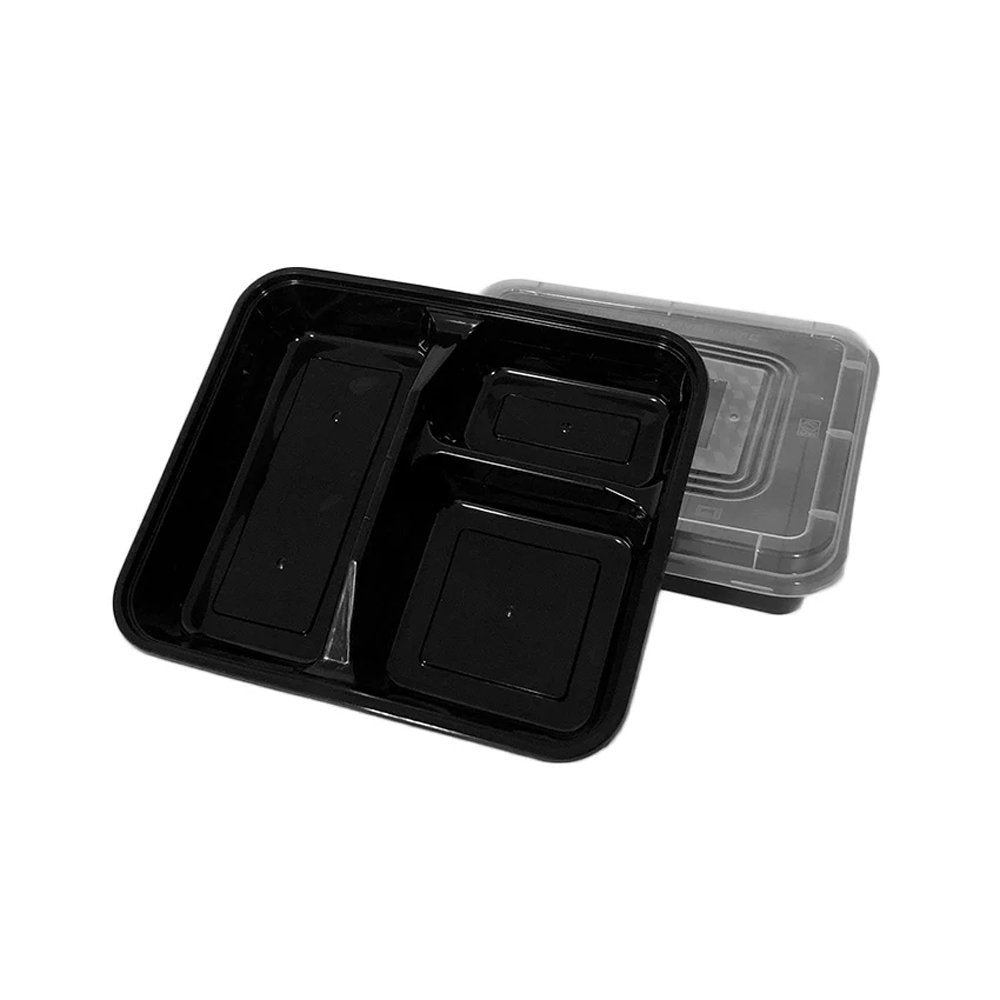 3 Compartment Black Takeaway Container With Clear Lid