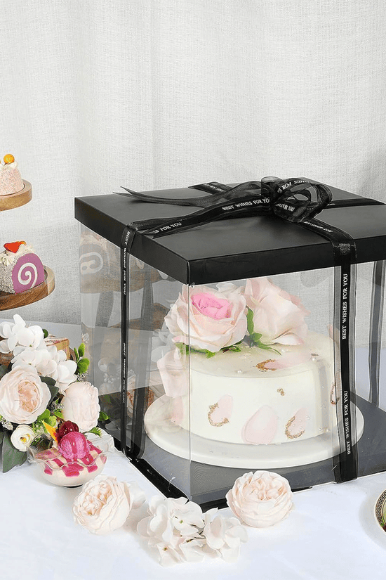 30x30x25 Clear Square Cake Box Black With Paper Lid - TEM IMPORTS™