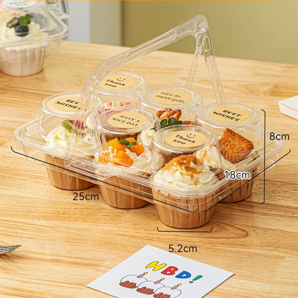 6 CupCake Clear PET Hinged Lid Holder With Handle - TEM IMPORTS™