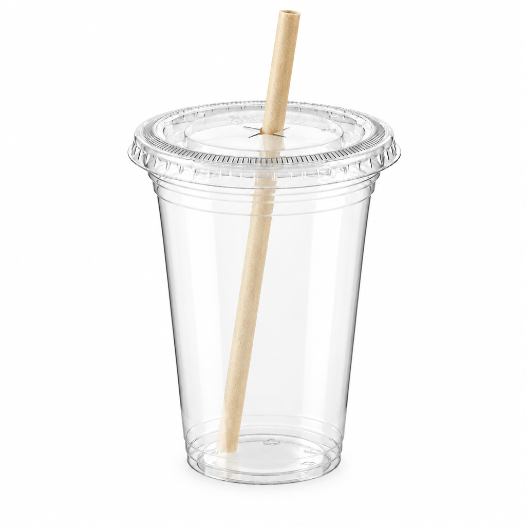 A clear plastic cup with a matching clear plastic lid, shown on a plain white background.