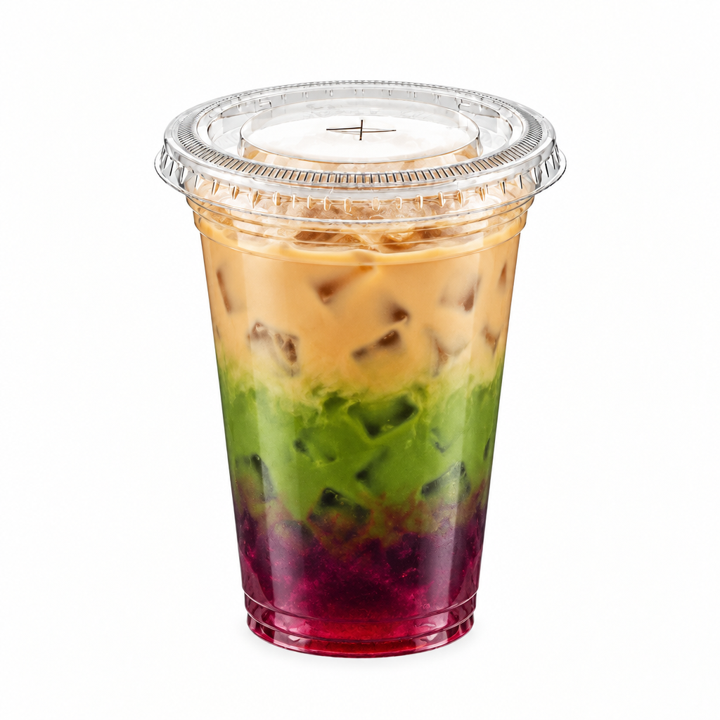 A clear plastic cup with a clear lid containing a layered iced drink with four distinct colors: a dark red/purple base, a green middle layer, a tan/beige top layer, and a light beige iced coffee layer on top. The cup is centered on a solid white background.