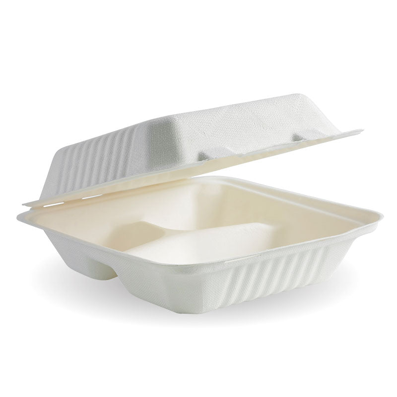 7.8x8x3" 3 Compartment White Plant Fibre Clamshell - 200pcs/Ctn - TEM IMPORTS™