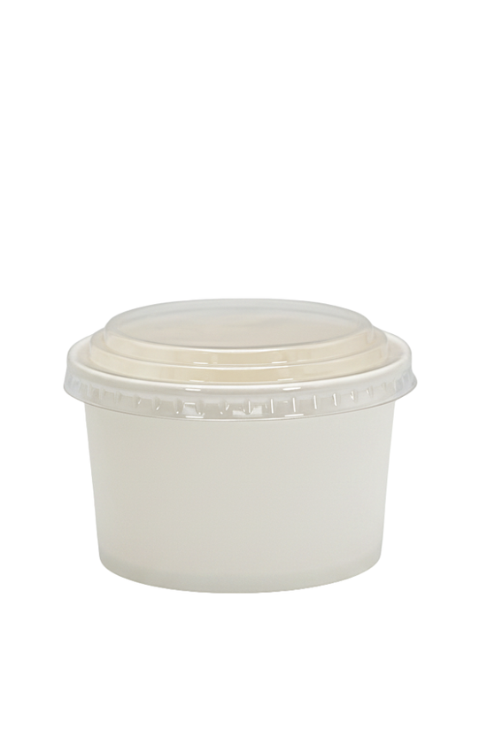 A small round translucent plastic food container with a matching screw-top lid, shown on a plain white background.