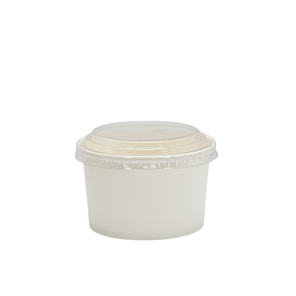 A small round translucent plastic food container with a matching screw-top lid, shown on a plain white background.