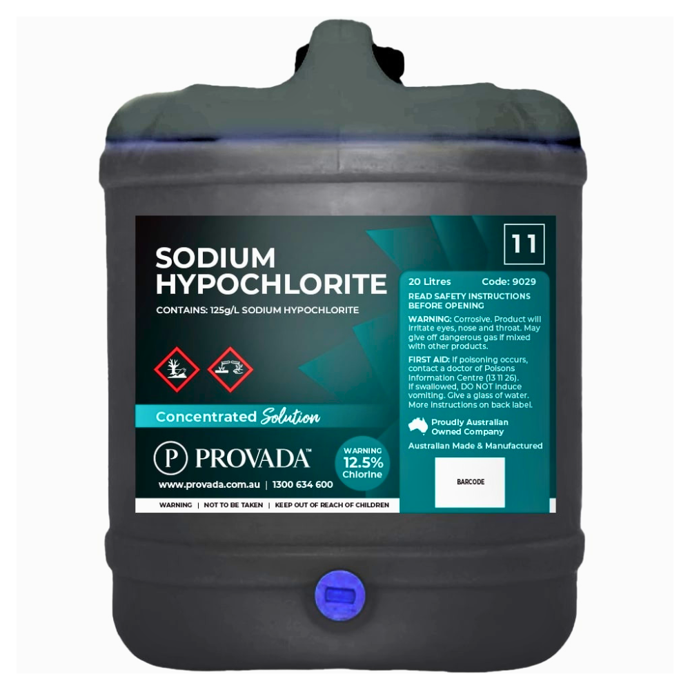 A 20 litre plastic jerrycan of Provada Sodium Hypochlorite Concentrated Solution, 12.5%.