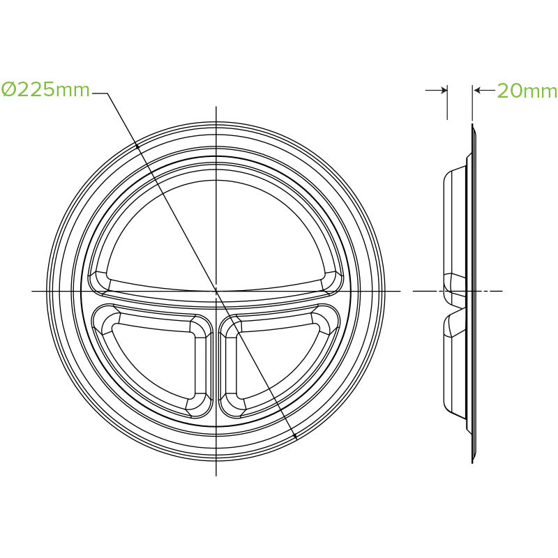 9"/230mm 3 Compartment Round Plant Fibre Plate - 500pcs/Ctn - TEM IMPORTS™