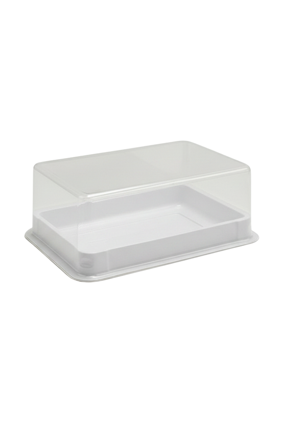 Small White Rectangular Plastic Cake Tray With Clear Lid