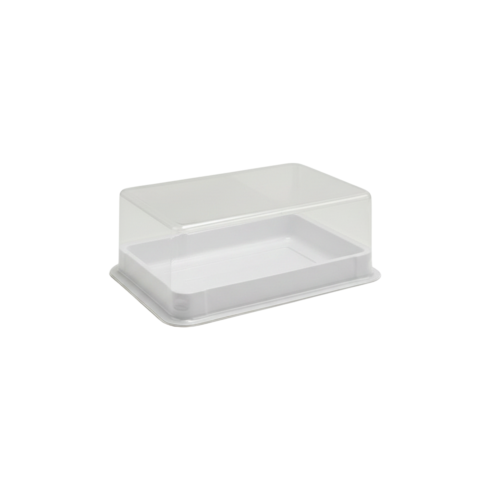 Small White Rectangular Plastic Cake Tray With Clear Lid