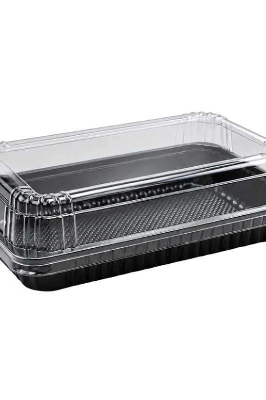Black Ribbed Rectangular Plastic Cake Tray With Clear High Lid