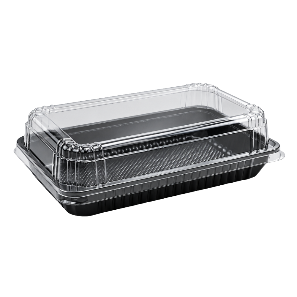 Black Ribbed Rectangular Plastic Cake Tray With Clear High Lid