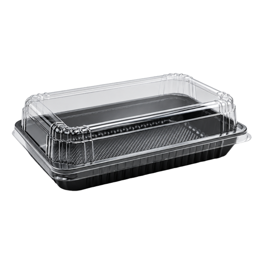 Black Ribbed Rectangular Plastic Cake Tray With Clear High Lid