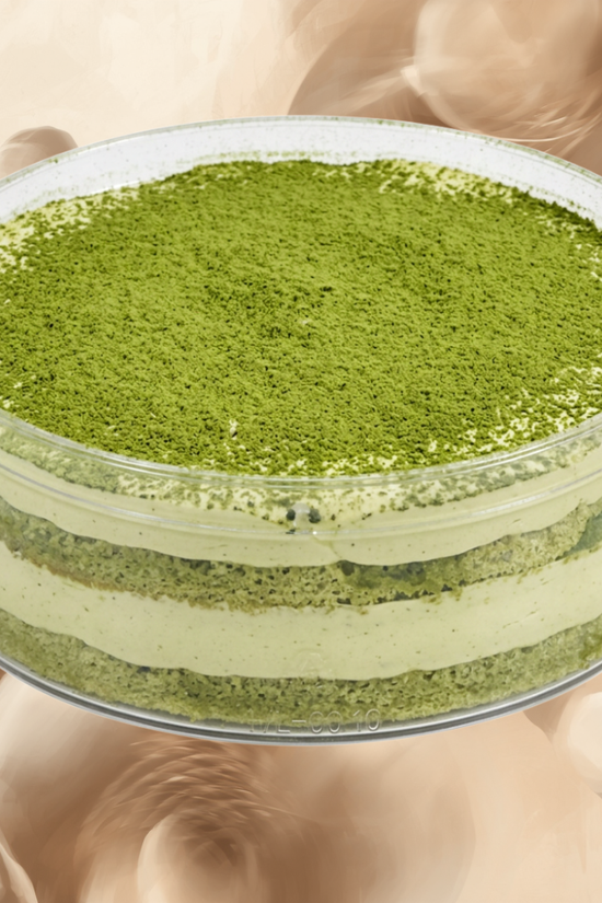 A clear round container holding a layered green dessert, topped with a fine layer of green powder, set against a soft beige abstract background.
