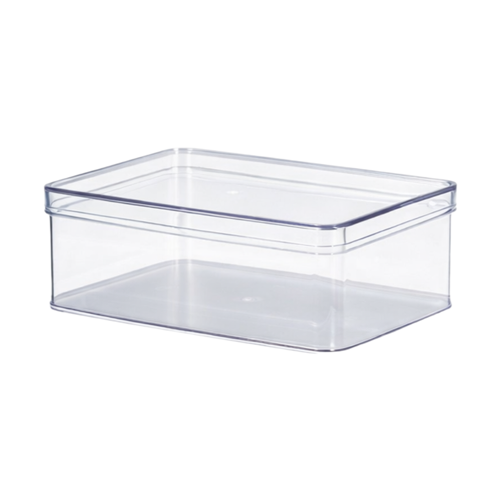 A clear plastic rectangular storage box with a matching transparent lid, shown on a plain white background.