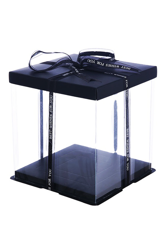 Black gift box with clear lid on a white background
