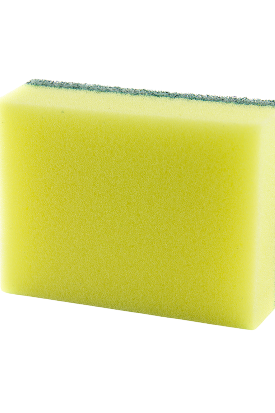 A rectangular yellow sponge with a dark green textured abrasive edge, shown on a plain white background.