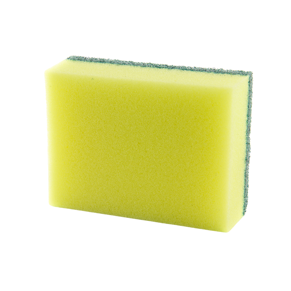 A rectangular yellow sponge with a dark green textured abrasive edge, shown on a plain white background.