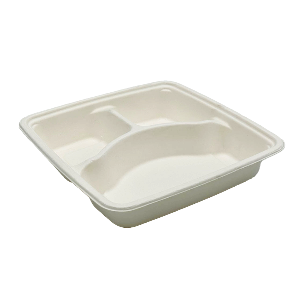 Square Takeaway Sugarcane 9" Inch Tray - 3 Compartment