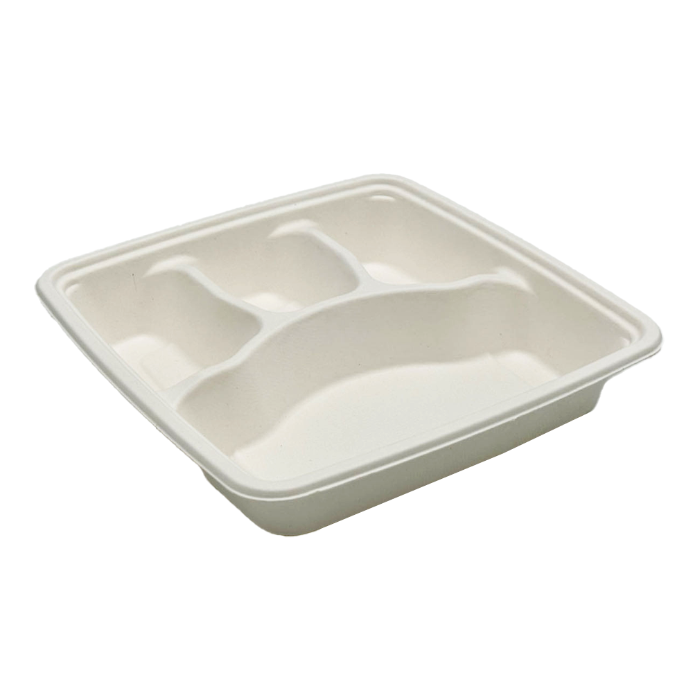 Square Takeaway Sugarcane 9" Inch Tray - 4 Compartment