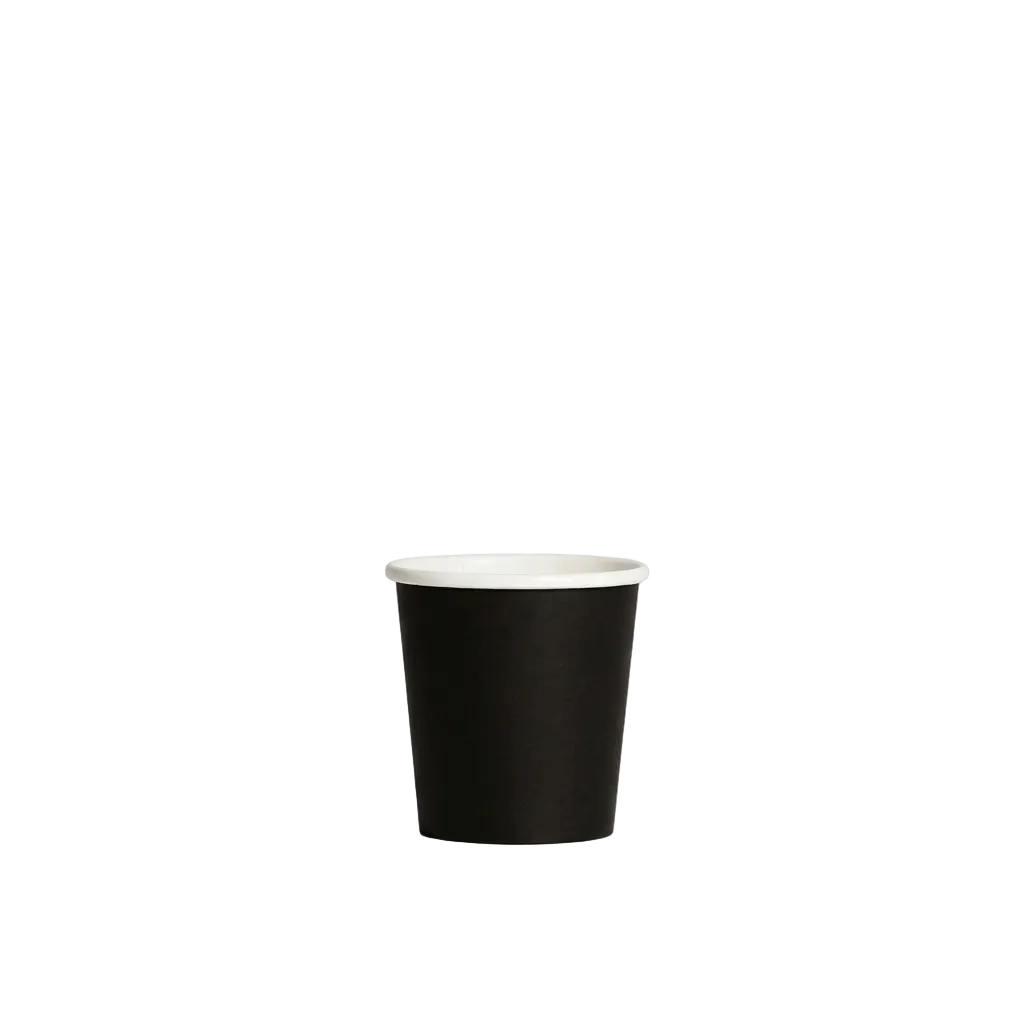A single black paper cup with a white rim, featuring white printed logos and text including 'ECO' and 'BPA FREE', centered against a solid white background.