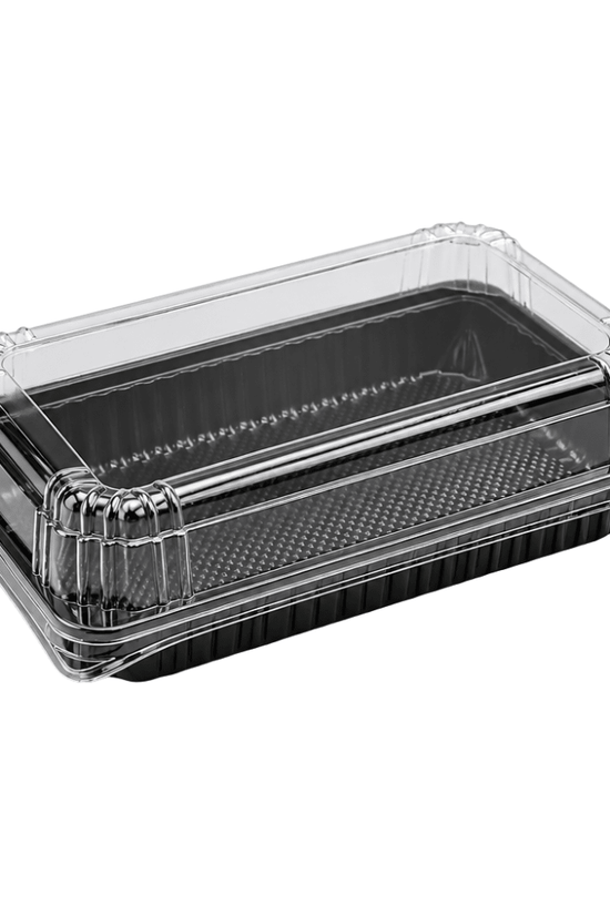Black Ribbed Rectangular Plastic Cake Tray With Clear High Lid - TEM IMPORTS™