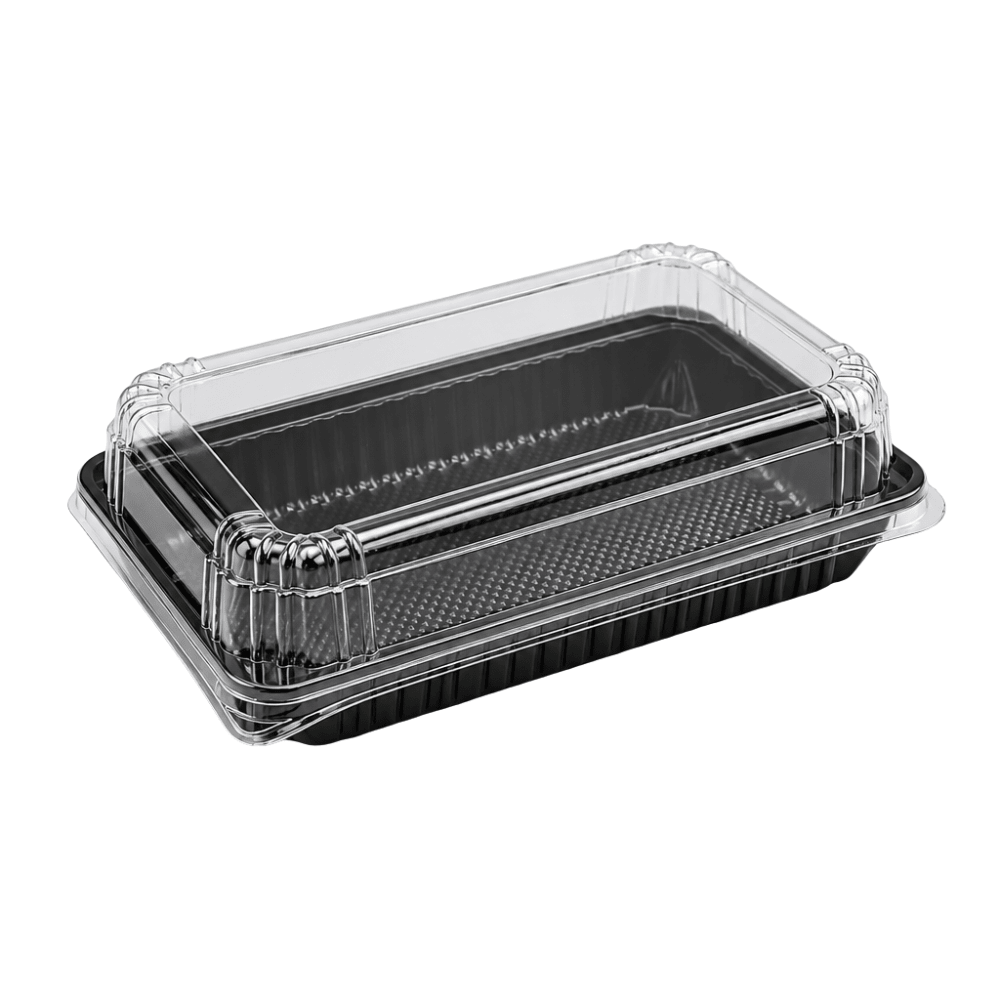 Black Ribbed Rectangular Plastic Cake Tray With Clear High Lid - TEM IMPORTS™