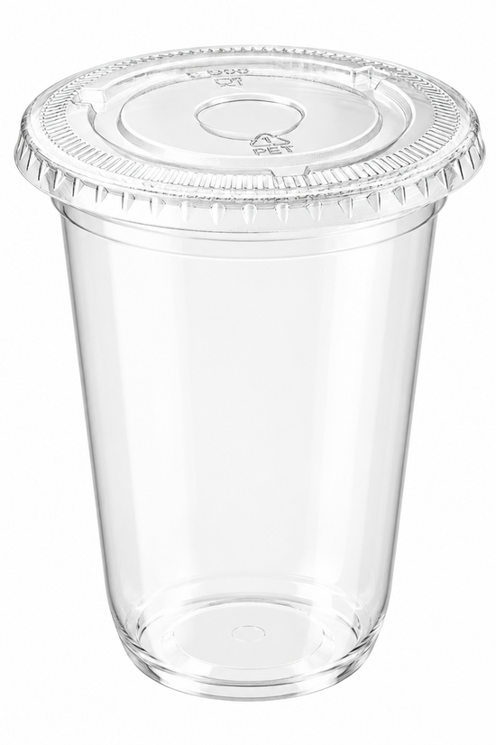 A clear plastic cup with a matching clear plastic lid, shown on a plain white background.