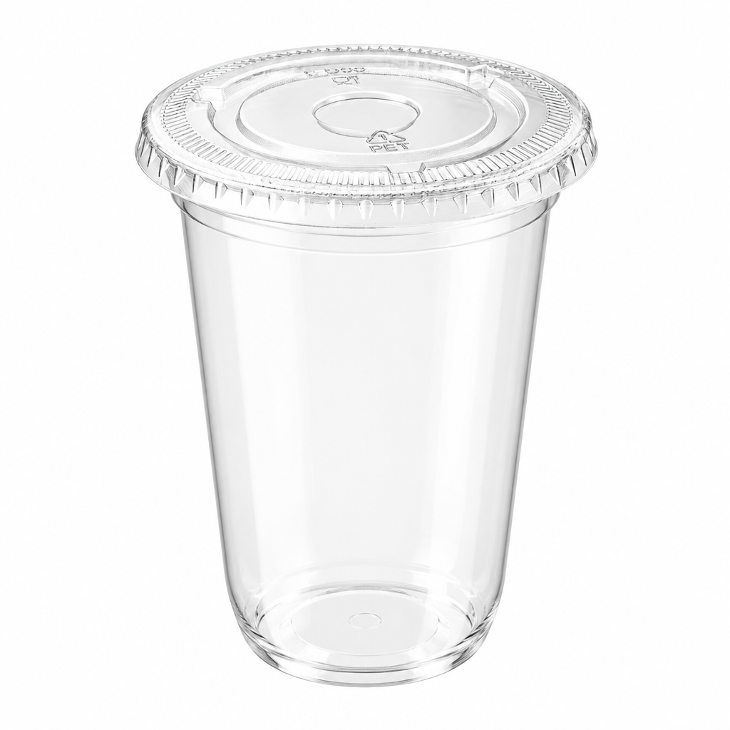 A clear plastic cup with a matching clear plastic lid, shown on a plain white background.